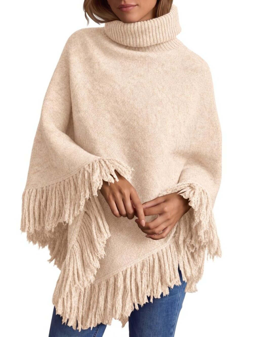Womens Fringe Turtleneck Poncho Sweater Wraps Cape Shawl Tops